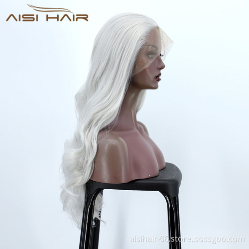 Aisi Hair Cheap Cosplay Popular Long Wavy Curly Body Wave Grey Swiss Lace Synthetic Hair For Black Women Lace Front Wig